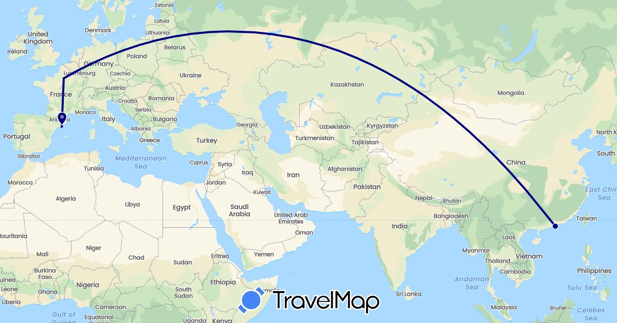 TravelMap itinerary: driving in Spain, France, Hong Kong (Asia, Europe)